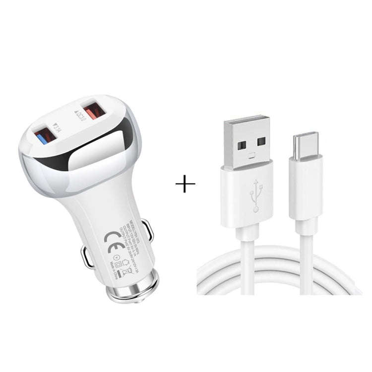 YSY-312 2 in 1 18W Portable QC3.0 Dual USB Car Charger + 1m 3A USB to USB-C / Type-C Data Cable S...