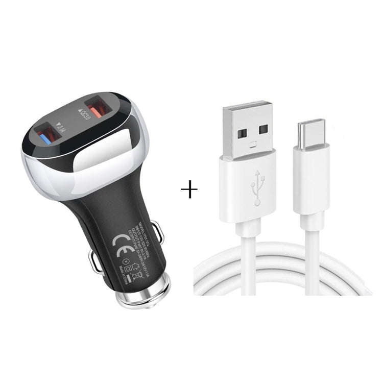 YSY-312 2 in 1 18W Portable QC3.0 Dual USB Car Charger + 1m 3A USB to USB-C / Type-C Data Cable S...