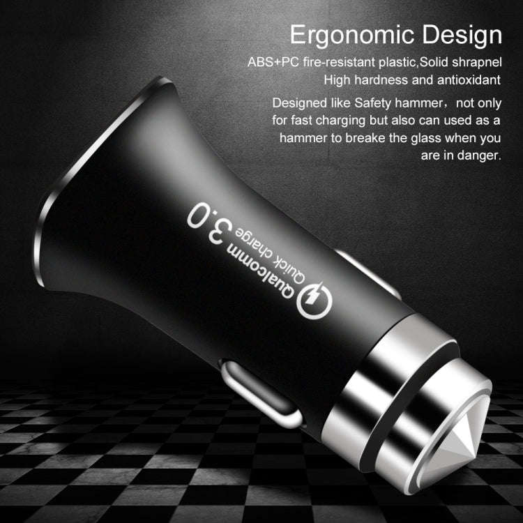 LZ-328 Safety Hammer Type QC3.0 USB  Fast Charging Car Charger(Black)