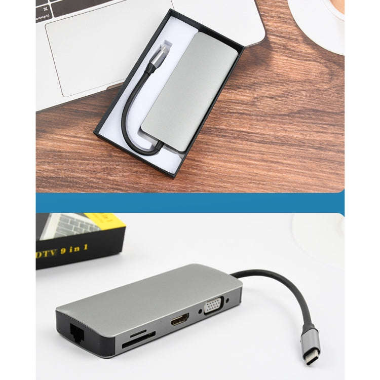 WS-06 9 in 1 Type-C to RJ45 + VGA + PD + HDMI + SD + TF + Audio 3.5mm+ 2 x USB3.0 HUB Adapter