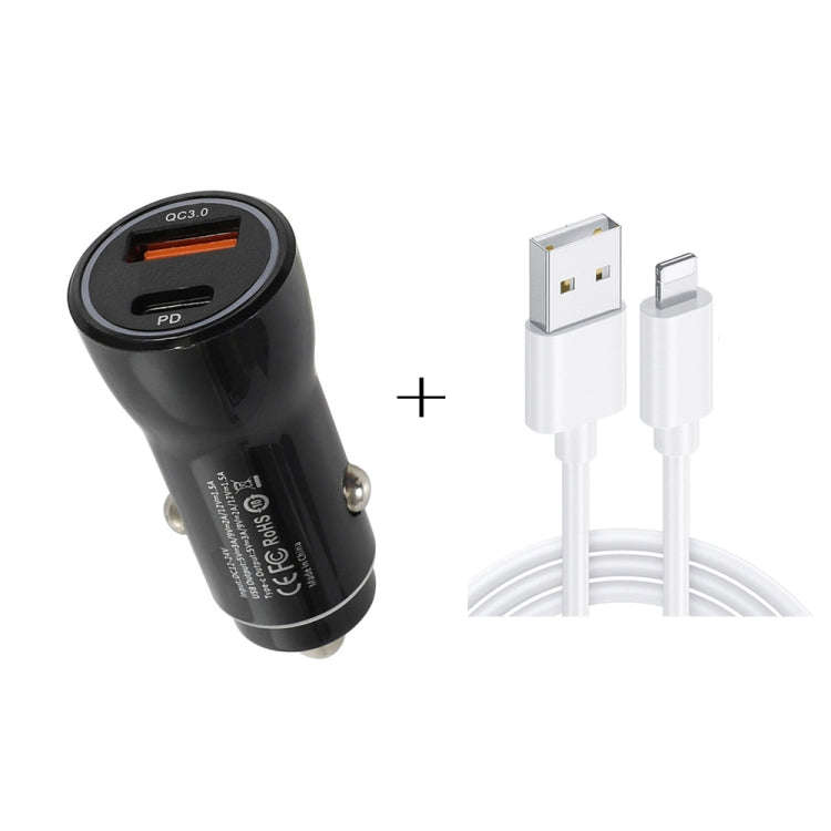 P21 PD 20W USB-C / Type-C + QC3.0 18W USB Fast Car Charger with USB to 8 Pin Data Cable Set(Black)