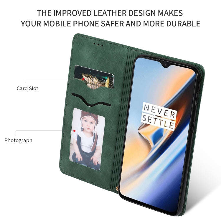 Retro Skin Feel Business Magnetic Horizontal Flip Leather Case for OnePlus 6T(Army Green)
