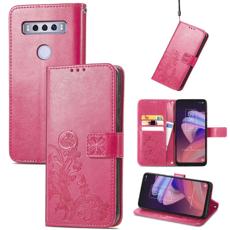For TCL 10 SE Four-leaf Clasp Embossed Buckle Mobile Phone Protection Leather Case(Magenta)