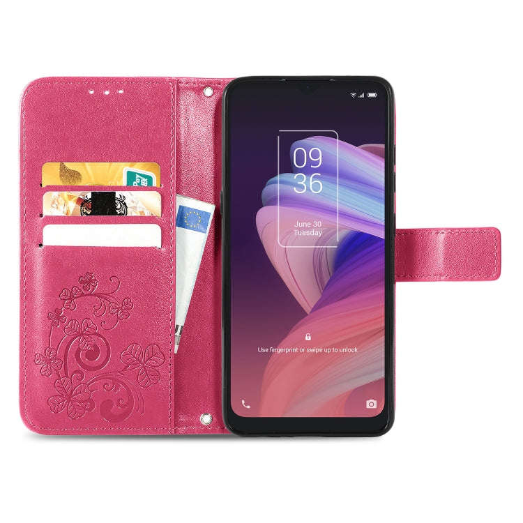 For TCL 10 SE Four-leaf Clasp Embossed Buckle Mobile Phone Protection Leather Case(Magenta)