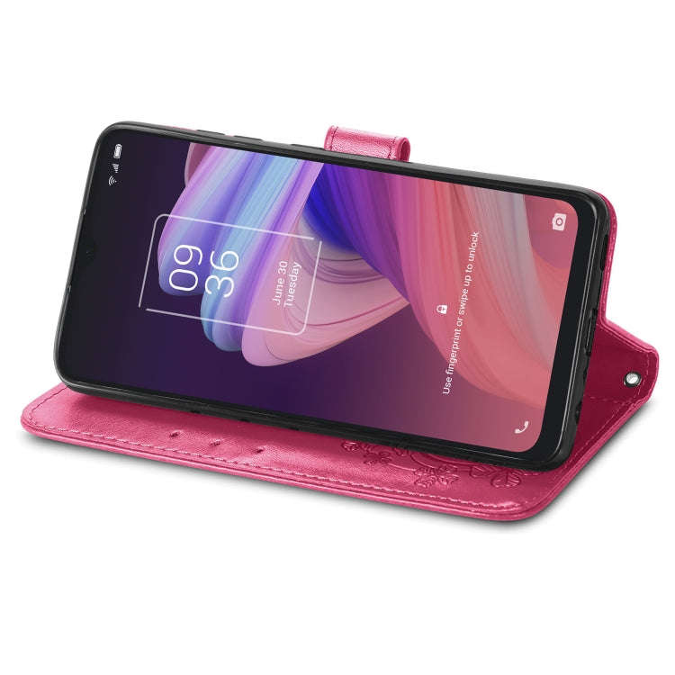 For TCL 10 SE Four-leaf Clasp Embossed Buckle Mobile Phone Protection Leather Case(Magenta)