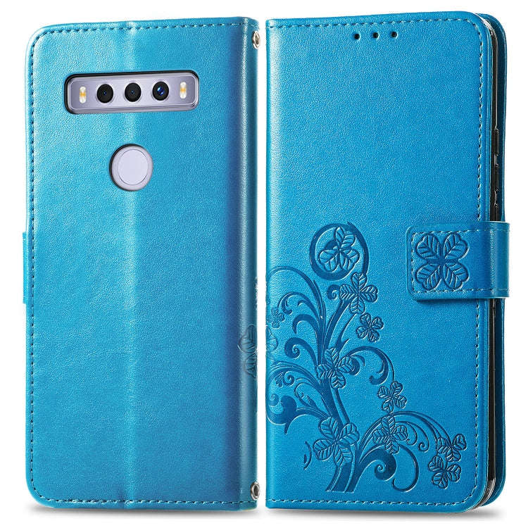 For TCL 10 SE Four-leaf Clasp Embossed Buckle Mobile Phone Protection Leather Case(Blue)