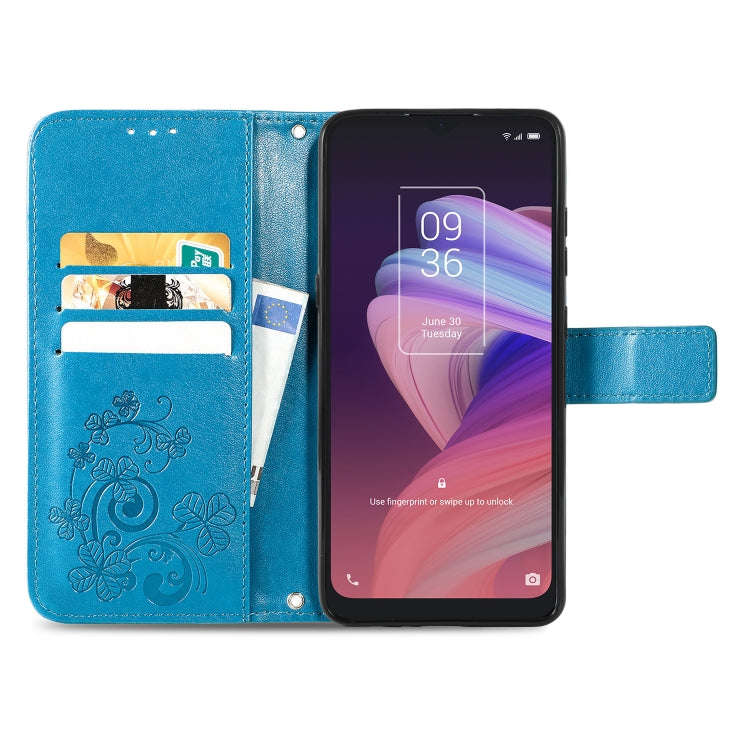 For TCL 10 SE Four-leaf Clasp Embossed Buckle Mobile Phone Protection Leather Case(Blue)