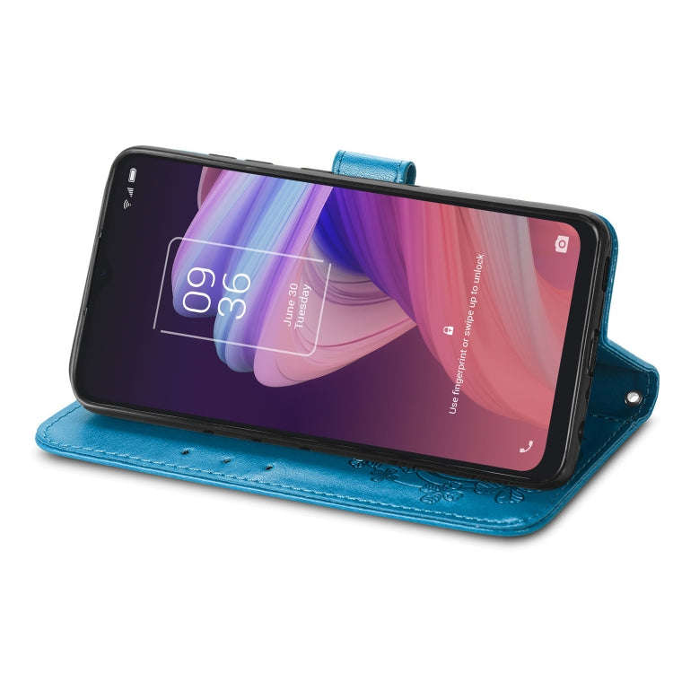 For TCL 10 SE Four-leaf Clasp Embossed Buckle Mobile Phone Protection Leather Case(Blue)