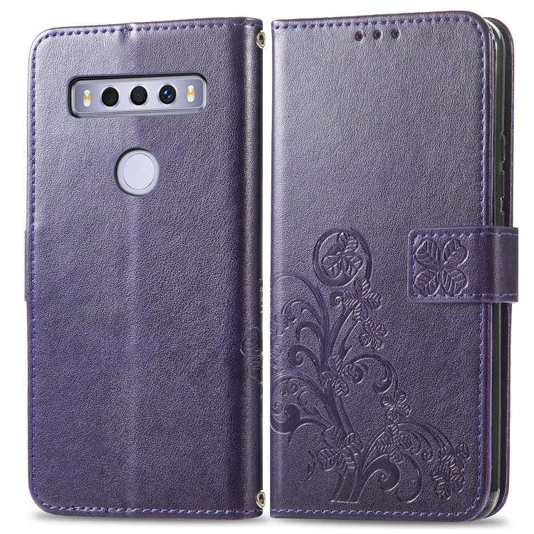 For TCL 10 SE Four-leaf Clasp Embossed Buckle Mobile Phone Protection Leather Case(Purple)