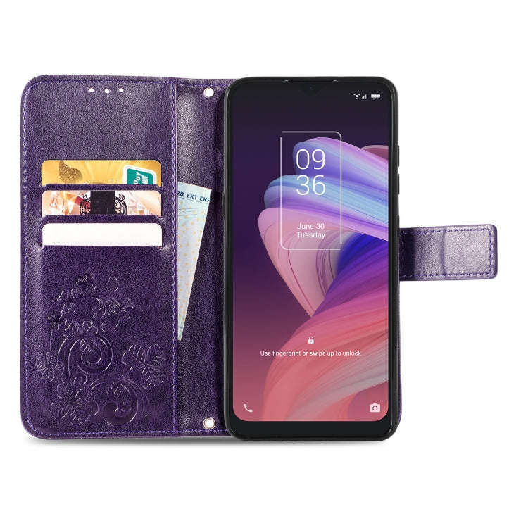 For TCL 10 SE Four-leaf Clasp Embossed Buckle Mobile Phone Protection Leather Case(Purple)