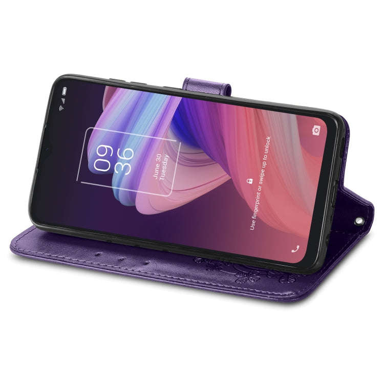 For TCL 10 SE Four-leaf Clasp Embossed Buckle Mobile Phone Protection Leather Case(Purple)