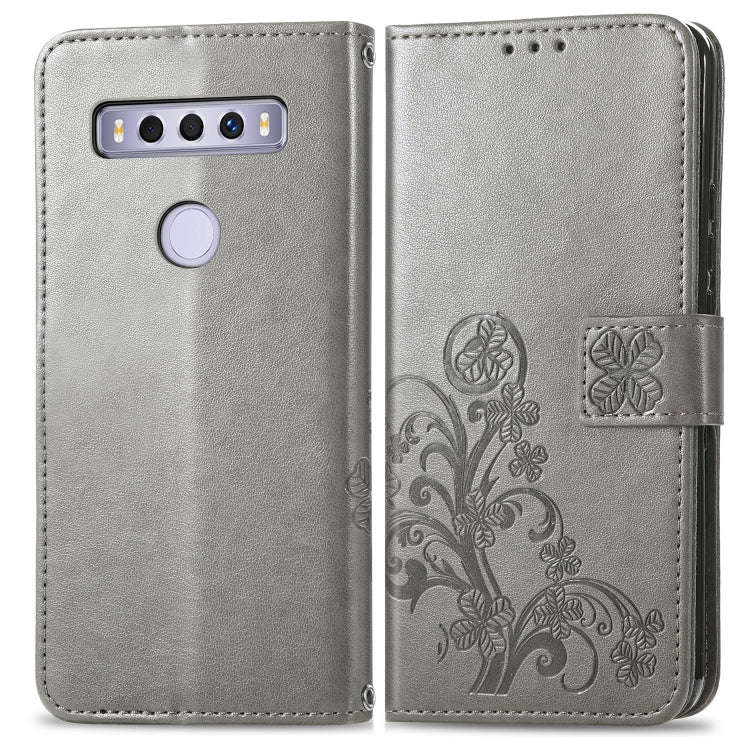 For TCL 10 SE Four-leaf Clasp Embossed Buckle Mobile Phone Protection Leather Case(Grey)