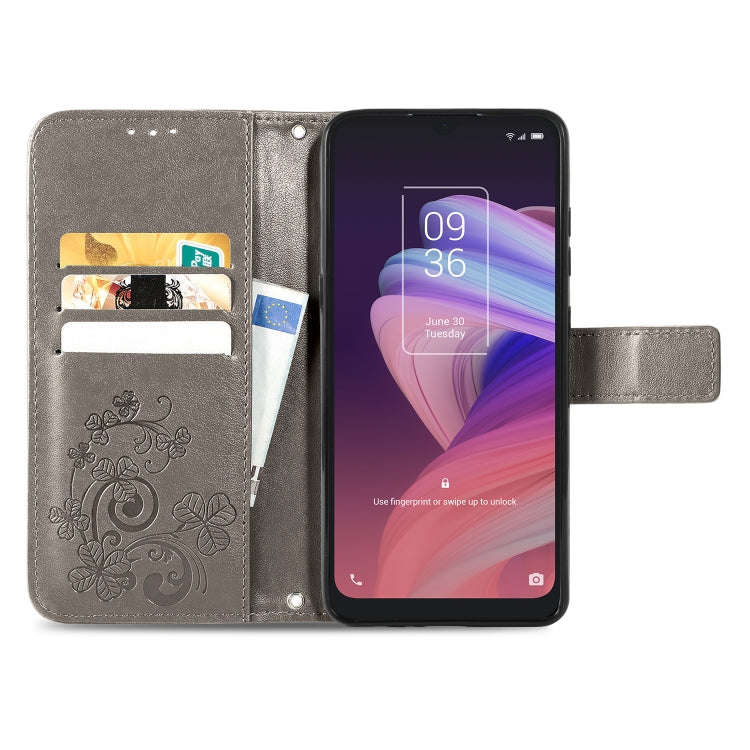 For TCL 10 SE Four-leaf Clasp Embossed Buckle Mobile Phone Protection Leather Case(Grey)