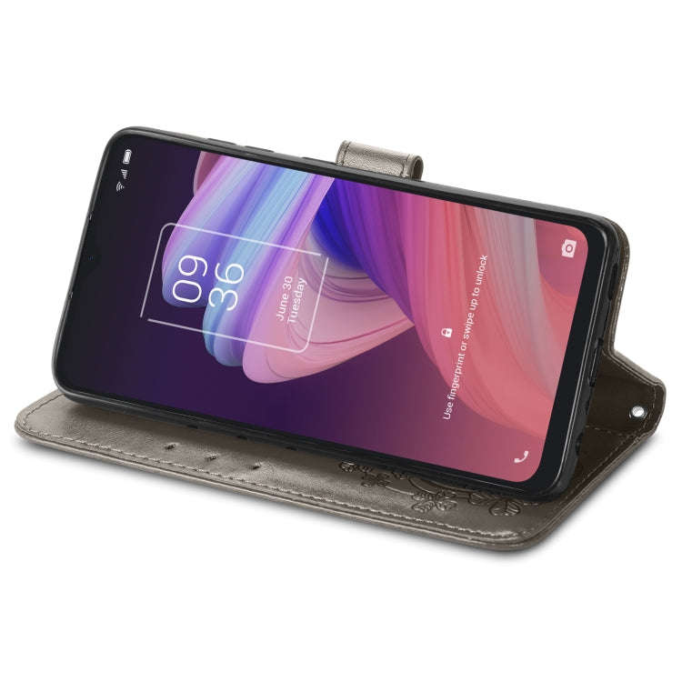 For TCL 10 SE Four-leaf Clasp Embossed Buckle Mobile Phone Protection Leather Case(Grey)