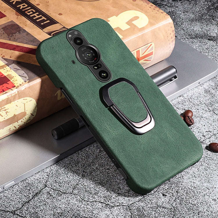 For Sony Xperia Pro-I Ring Holder PU Phone Case(Dark Green)
