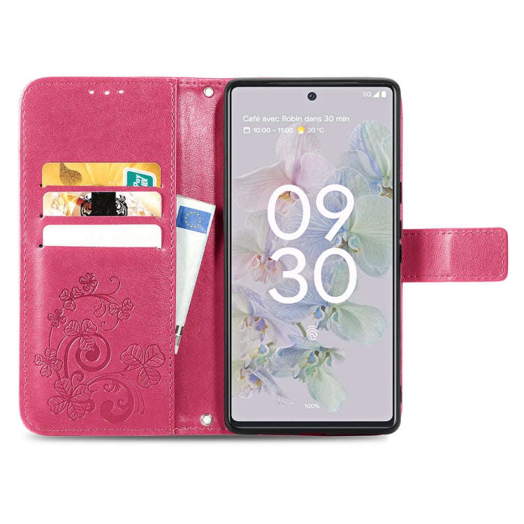 For Google Pixel 6a Four-leaf Clasp Embossed Buckle Leather Phone Case(Magenta)