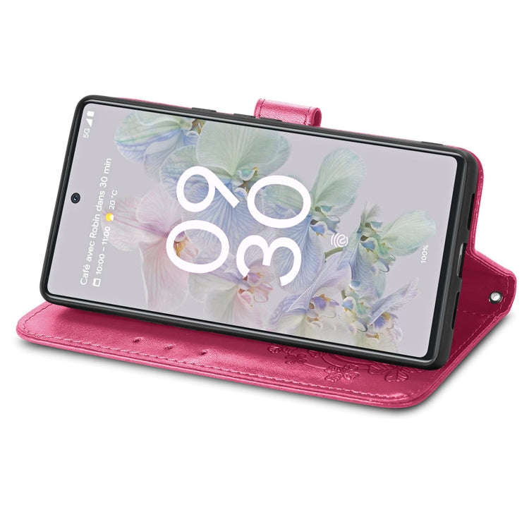 For Google Pixel 6a Four-leaf Clasp Embossed Buckle Leather Phone Case(Magenta)