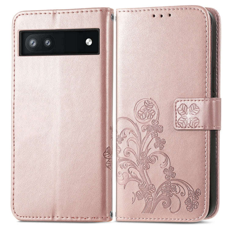 For Google Pixel 6a Four-leaf Clasp Embossed Buckle Leather Phone Case(Rose Gold)