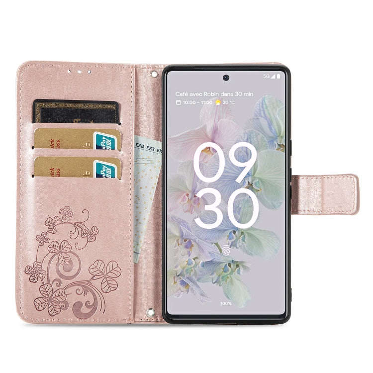 For Google Pixel 6a Four-leaf Clasp Embossed Buckle Leather Phone Case(Rose Gold)