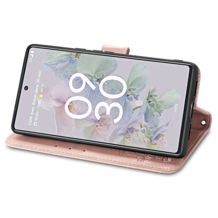 For Google Pixel 6a Four-leaf Clasp Embossed Buckle Leather Phone Case(Rose Gold)
