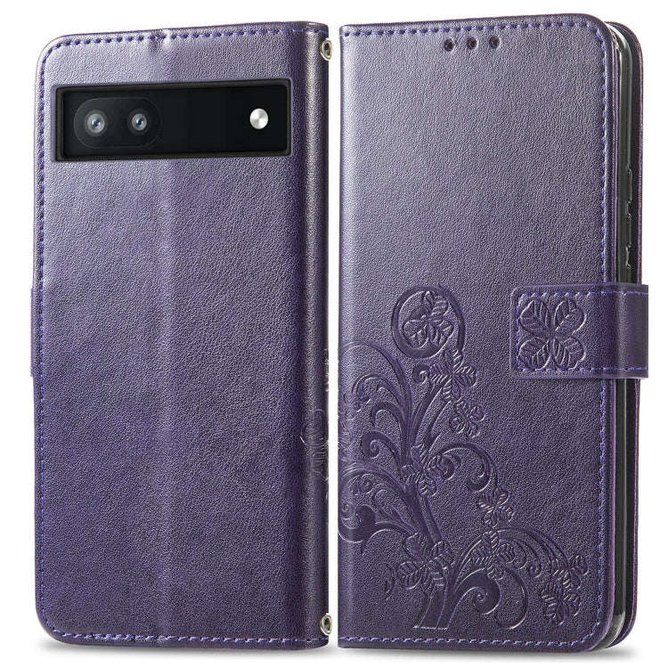 For Google Pixel 6a Four-leaf Clasp Embossed Buckle Leather Phone Case(Purple)