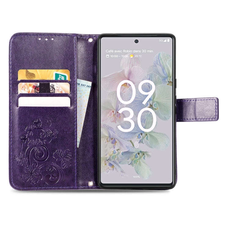 For Google Pixel 6a Four-leaf Clasp Embossed Buckle Leather Phone Case(Purple)