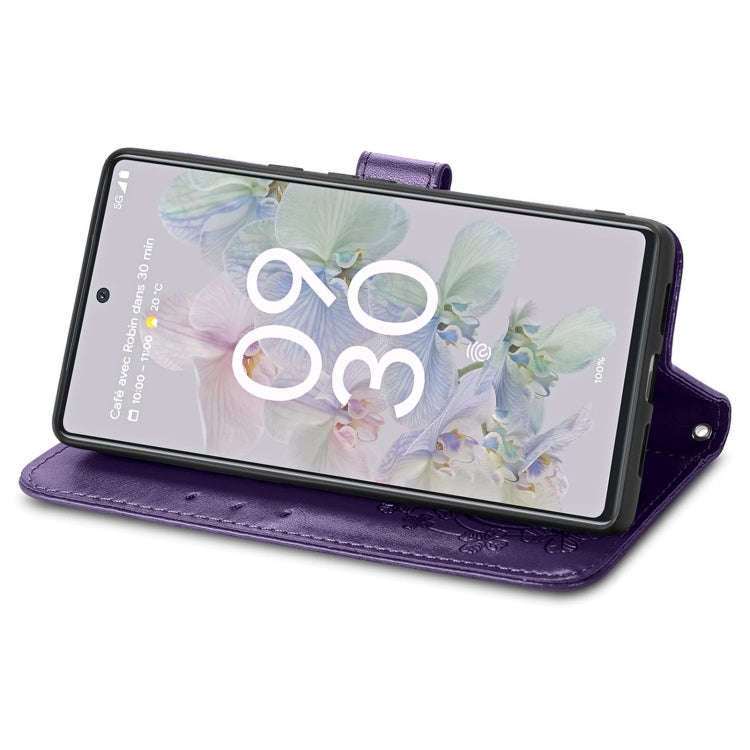 For Google Pixel 6a Four-leaf Clasp Embossed Buckle Leather Phone Case(Purple)