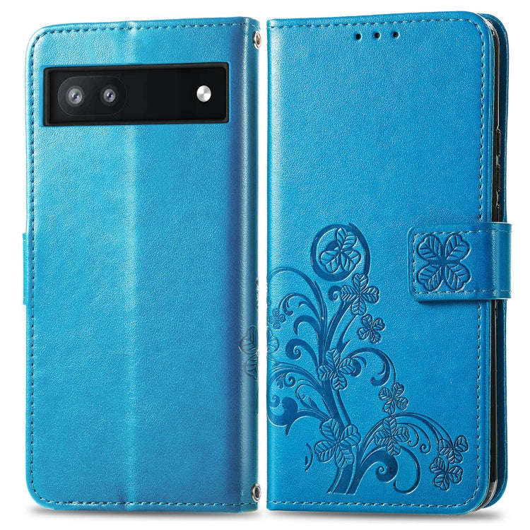 For Google Pixel 6a Four-leaf Clasp Embossed Buckle Leather Phone Case(Blue)