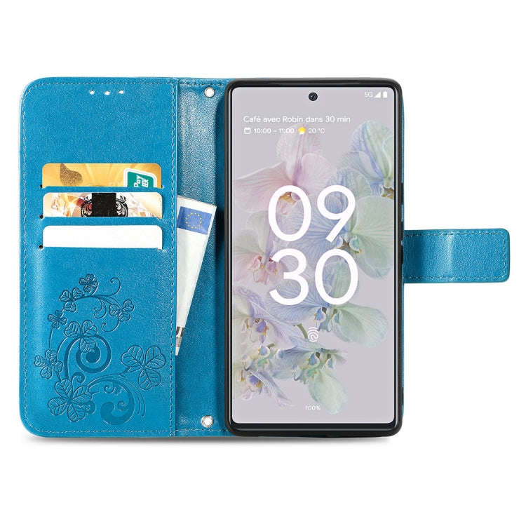 For Google Pixel 6a Four-leaf Clasp Embossed Buckle Leather Phone Case(Blue)
