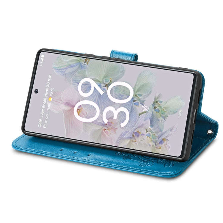 For Google Pixel 6a Four-leaf Clasp Embossed Buckle Leather Phone Case(Blue)