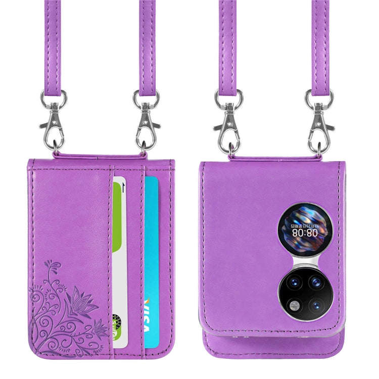 For Huawei  P50 Pocket Diagonal Embossed Card Folding Phone Case(Purple)