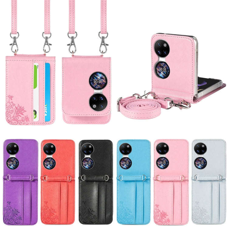 For Huawei  P50 Pocket Diagonal Embossed Card Folding Phone Case(Purple)