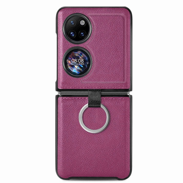 For Huawei P50 Pocket Litchi Pattern Ring Buckle Folding Phone Case(Purple)