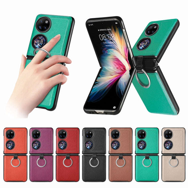 For Huawei P50 Pocket Litchi Pattern Ring Buckle Folding Phone Case(Red)