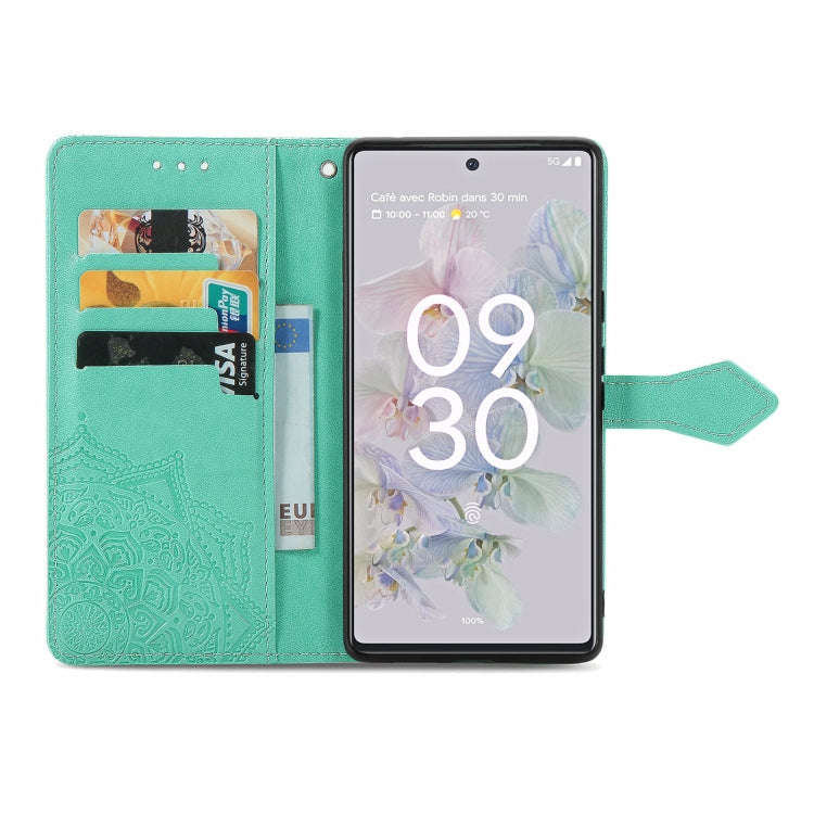 For Google Pixel 6a Mandala Flower Embossed Flip Leather Phone Case(Green)