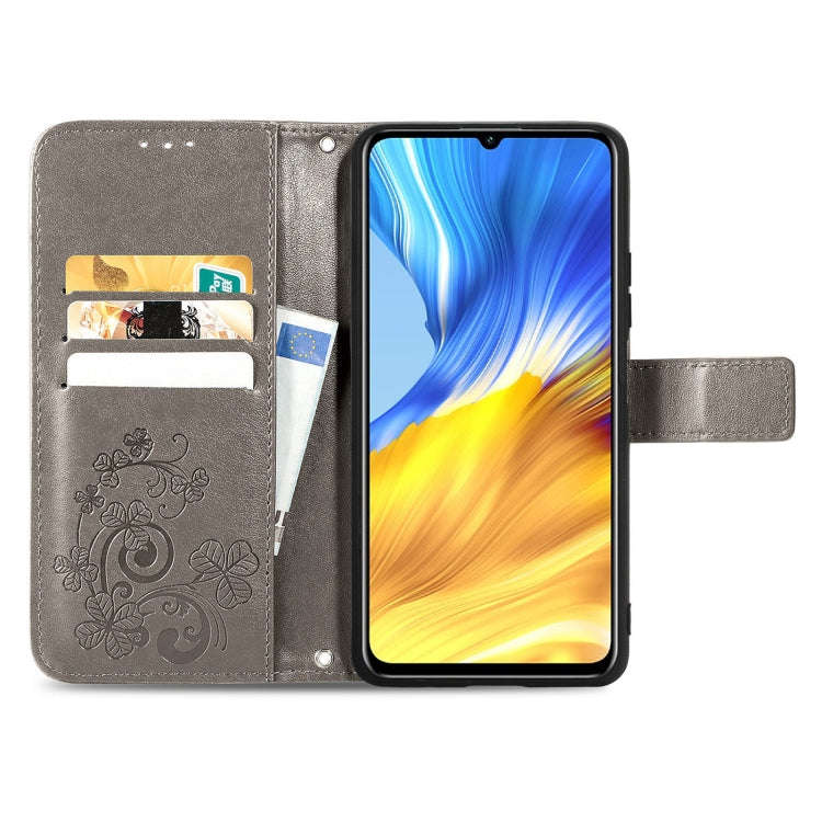 For Honor X10 Max 5G Four-leaf Clasp Embossed Buckle Leather Phone Case(Grey)