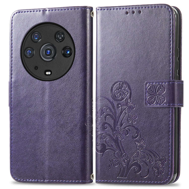 For Honor Magic3 Pro Four-leaf Clasp Embossed Buckle Leather Phone Case(Purple)