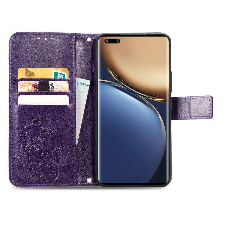 For Honor Magic3 Pro Four-leaf Clasp Embossed Buckle Leather Phone Case(Purple)
