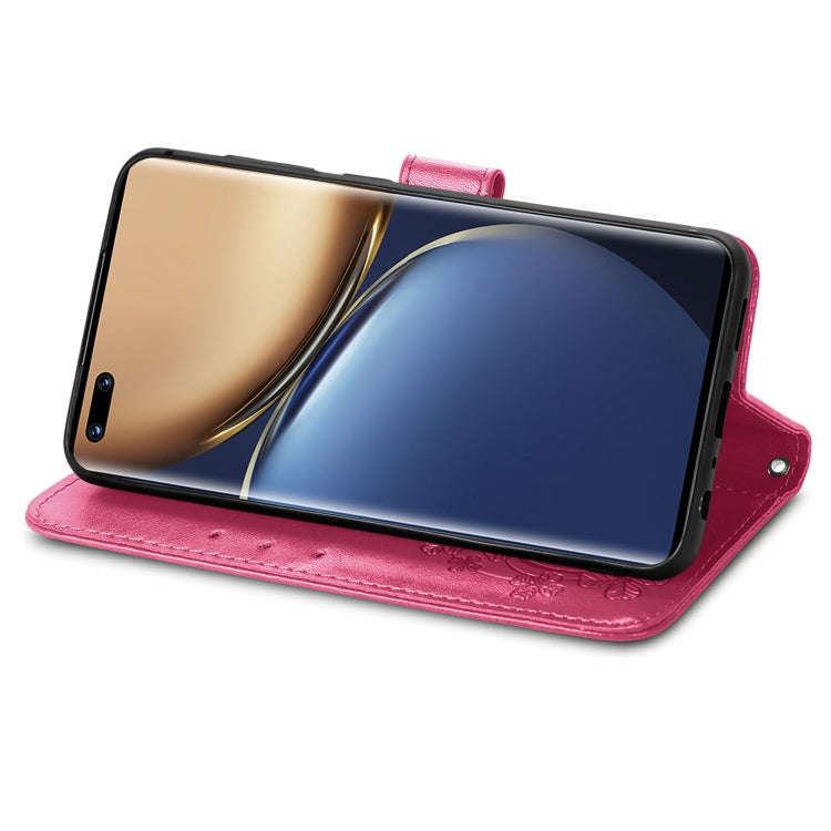 For Honor Magic3 Four-leaf Clasp Embossed Buckle Leather Phone Case(Magenta)