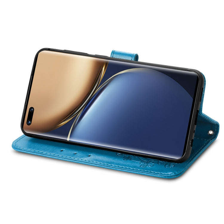 For Honor Magic3 Four-leaf Clasp Embossed Buckle Leather Phone Case(Blue)
