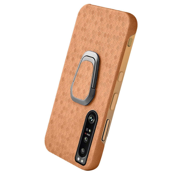 For Sony Xperia 1 IV Ring Holder Honeycomb PU Phone Case(Orange)