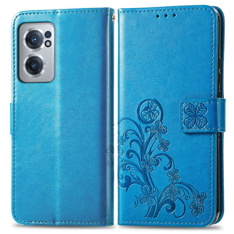 For OnePlus Nord CE 2 5G Four-leaf Clasp Embossed Buckle Leather Phone Case(Blue)