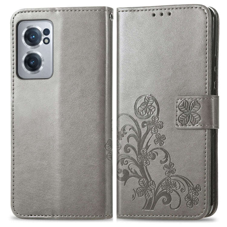 For OnePlus Nord CE 2 5G Four-leaf Clasp Embossed Buckle Leather Phone Case(Gray)