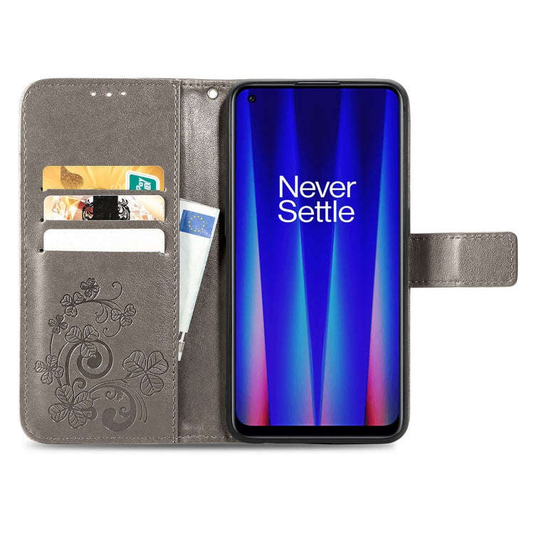 For OnePlus Nord CE 2 5G Four-leaf Clasp Embossed Buckle Leather Phone Case(Gray)