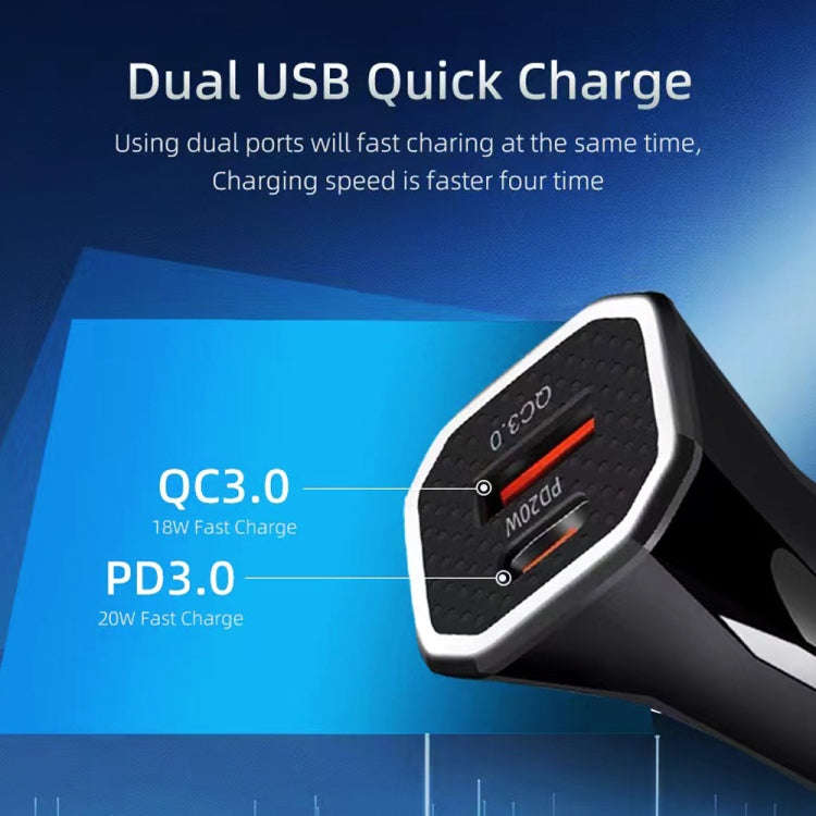 TE-P22 38W PD USB-C / Type-C + QC3. 0 USB Car Charger with 1m USB to 8 Pin Data Cable(Black)