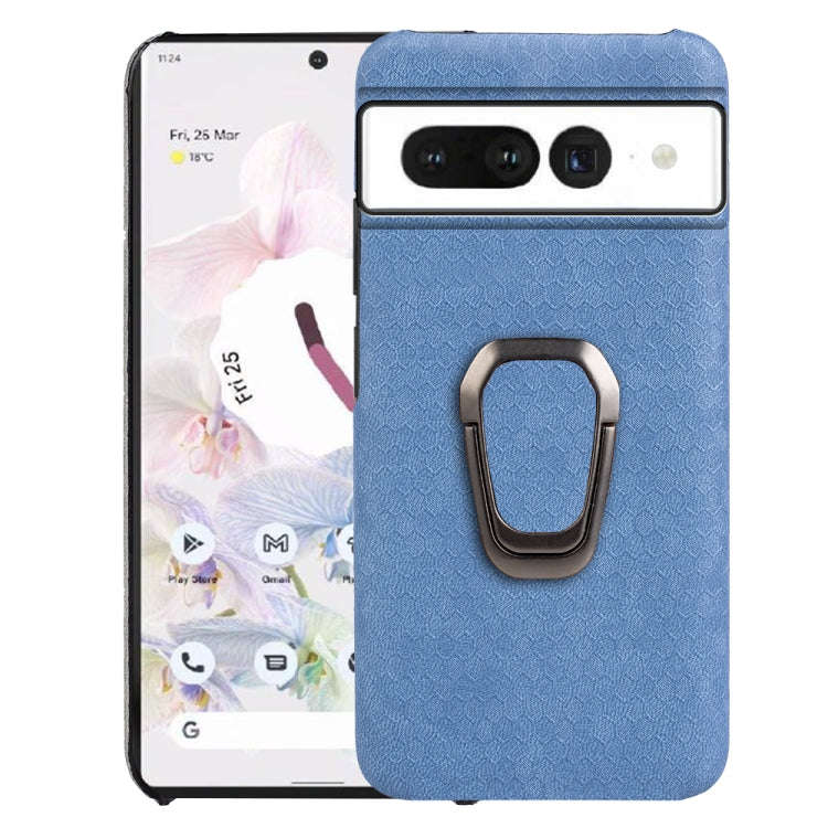 For Google Pixel 7 Pro Ring Holder Honeycomb PU Skin Phone Case(Light Blue)