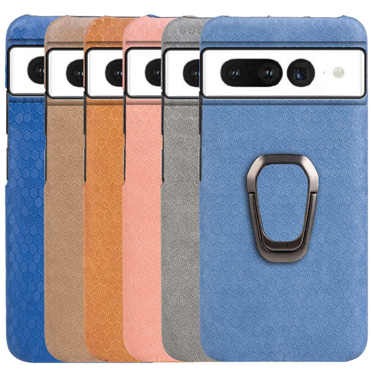 For Google Pixel 7 Pro Ring Holder Honeycomb PU Skin Phone Case(Light Blue)