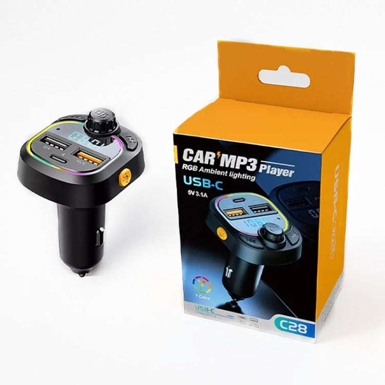 C28 Fast Charging Atmosphere Light Handsfree Car Kit Car Mp3 Player Stereo FM Transmitter