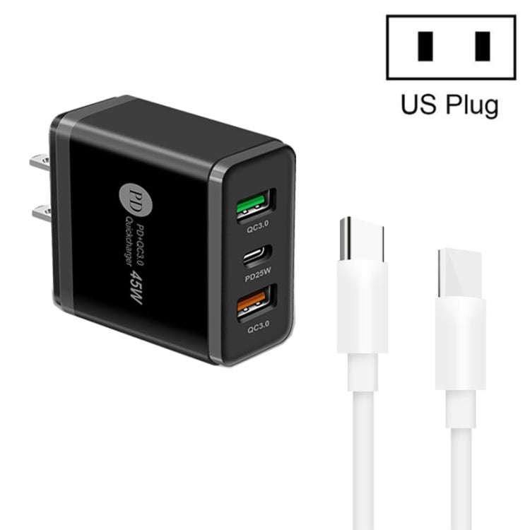 45W PD3.0 + 2 x QC3.0 USB Multi Port Charger with Type-C to Type-C Cable, US Plug(Black)