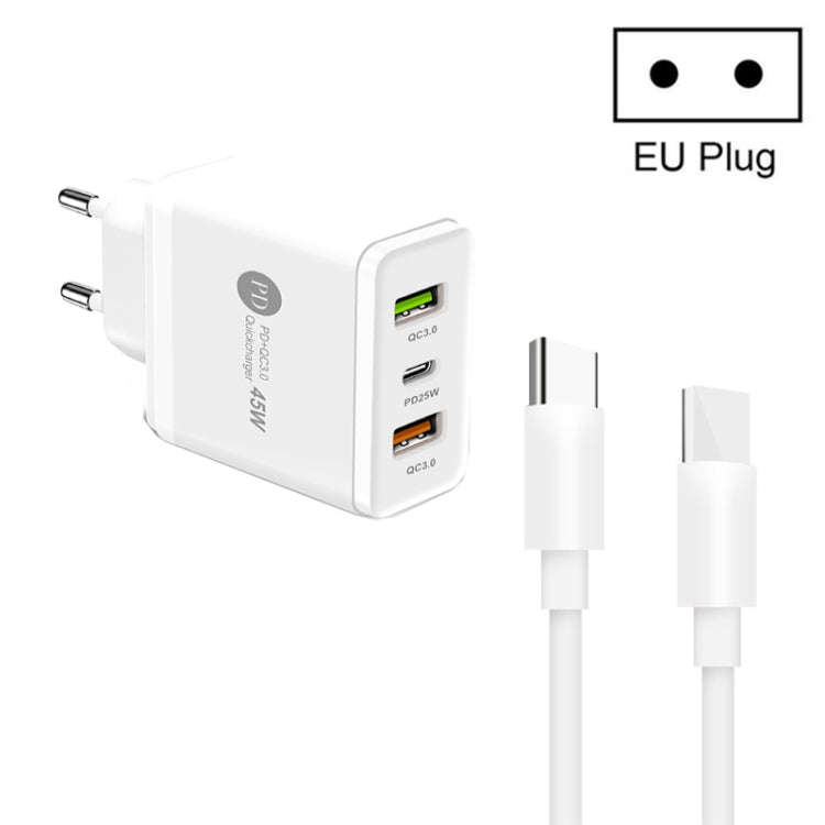 45W PD3.0 + 2 x QC3.0 USB Multi Port Charger with Type-C to Type-C Cable, EU Plug(White)